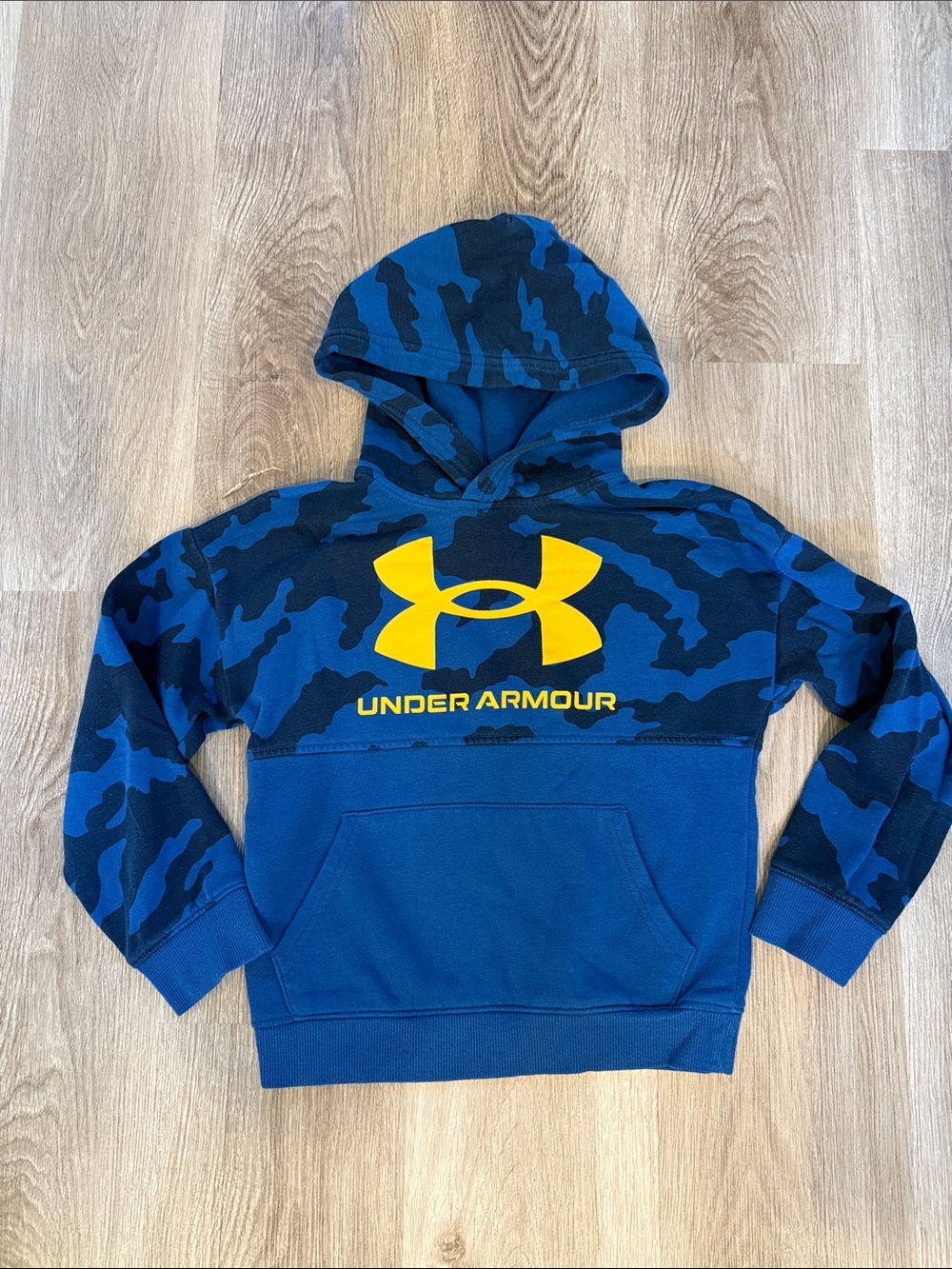 Under Armour Blue Camo Hoodie with Yellow Logo Youth Small